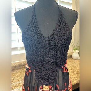 NWT | Sky Maxi Dress | Crochet Halter Backless Top & Sheer Floral Skirt | Small